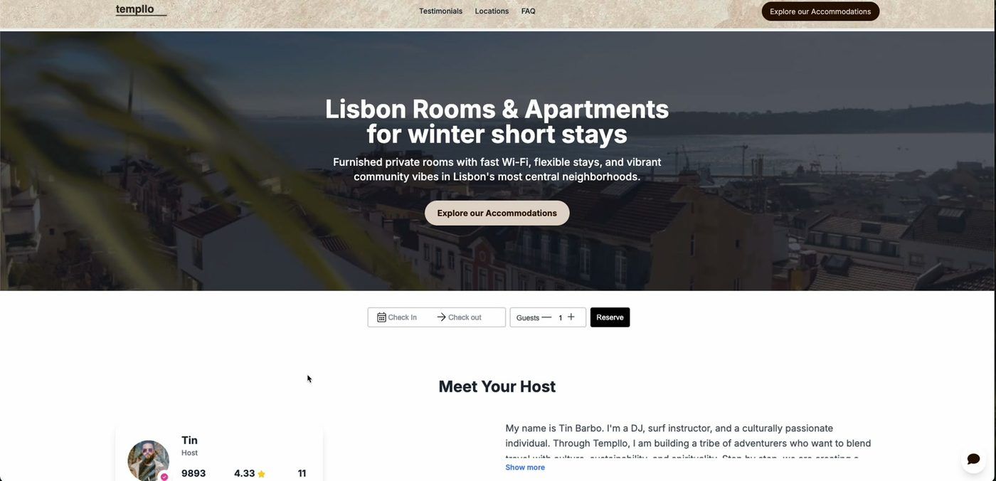Templlo booking website showing its Lisbon accommodation search experience
